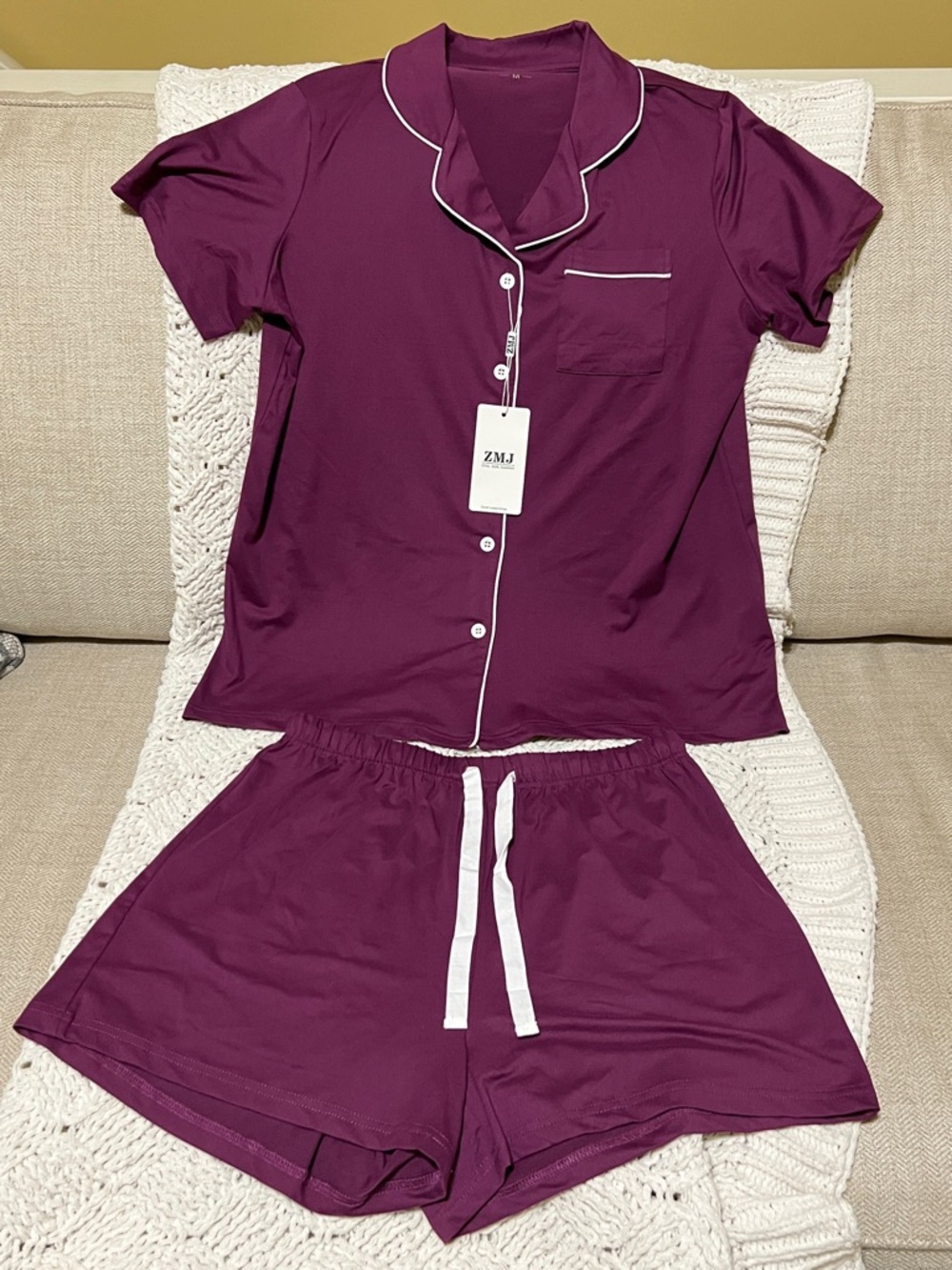 Women's Short Sleeve Pajama Set in Plum with White Trim